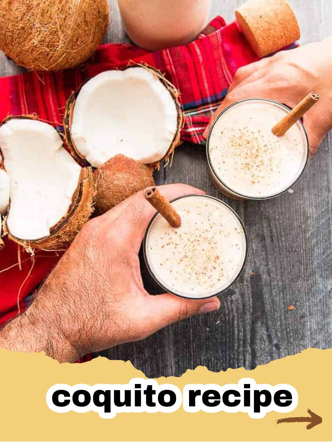 The Ultimate Guide to Authentic Puerto Rican Coquito: A Taste of Holiday Tradition 1 A glass of creamy Authentic Puerto Rican Coquito garnished with a cinnamon stick, beside a bottle and some holiday decorations.