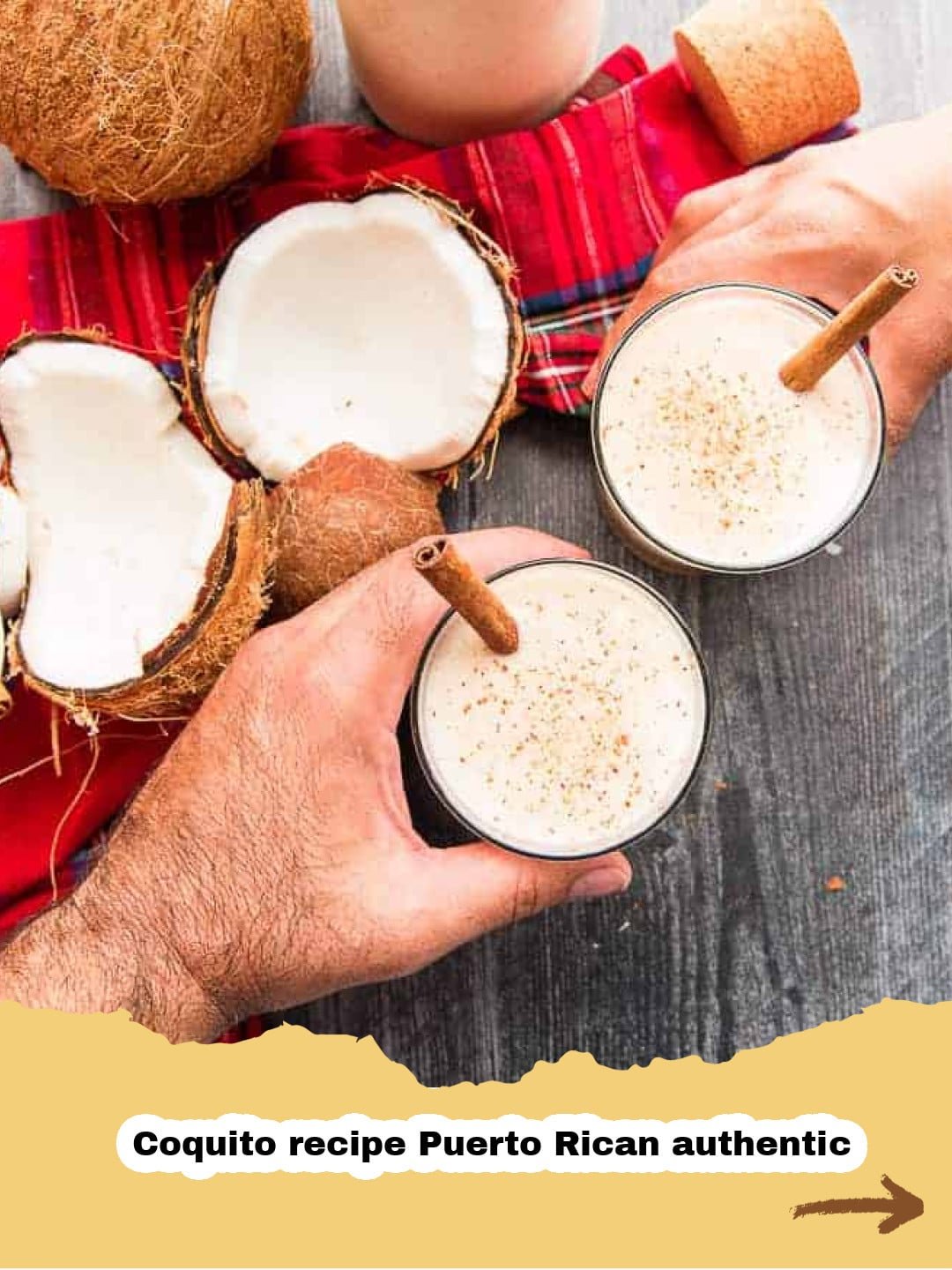 The Ultimate Guide to Authentic Puerto Rican Coquito: A Taste of Holiday Tradition 1 A glass of creamy Authentic Puerto Rican Coquito garnished with a cinnamon stick and sprinkled with cinnamon, set against a festive holiday backdrop.