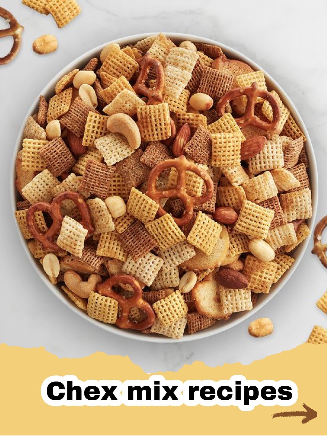 The Ultimate Guide to Making Classic Homemade Chex Party Mix 1 A large bowl of golden-brown Original Homemade Chex Party Mix, filled with mixed cereals, nuts, and pretzels.