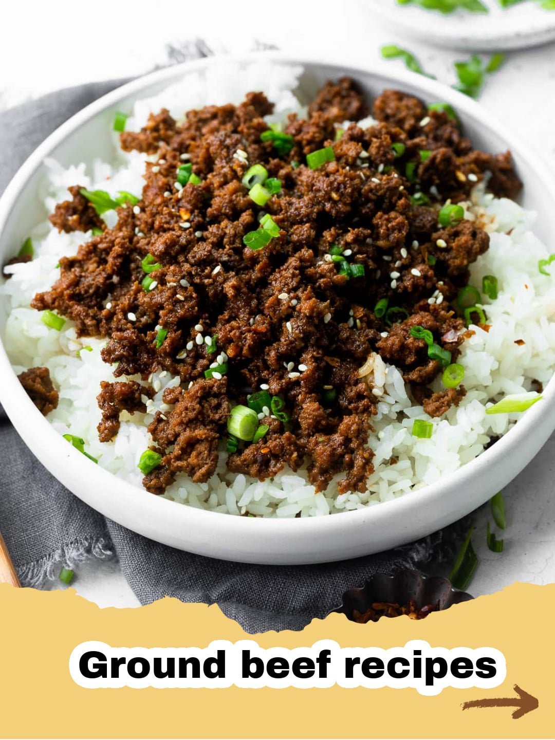 The Fastest & Most Flavorful Easy Korean Ground Beef Recipe You'll Ever Make 1 A bowl of Easy Korean Ground Beef Recipe served over white rice, garnished with green onions and sesame seeds.