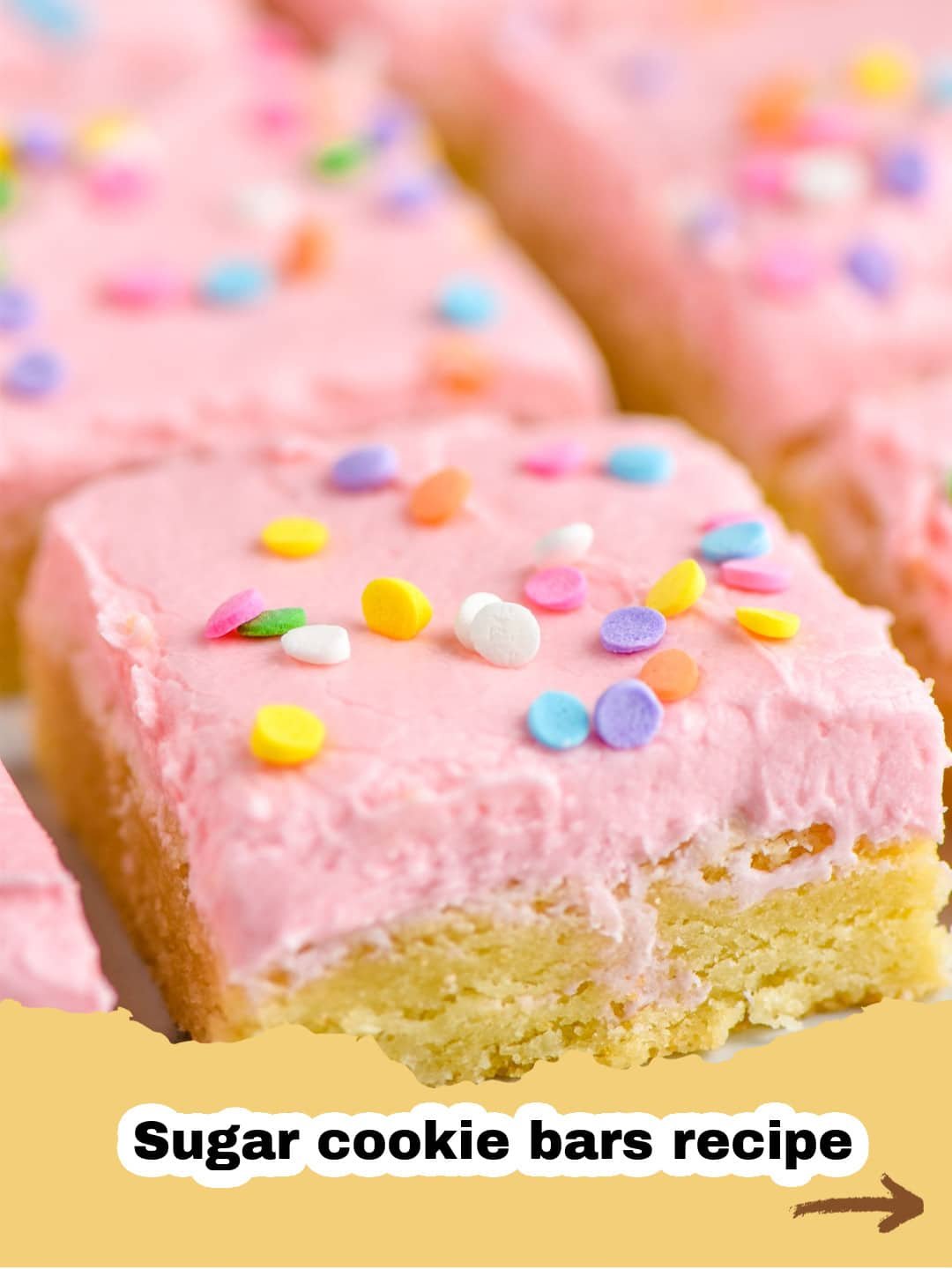 The Easiest & Most Delicious Sugar Cookie Bars Recipe You'll Ever Make 1 A pan of brightly decorated Sugar Cookie Bars with creamy vanilla frosting and colorful sprinkles, ready to be sliced.