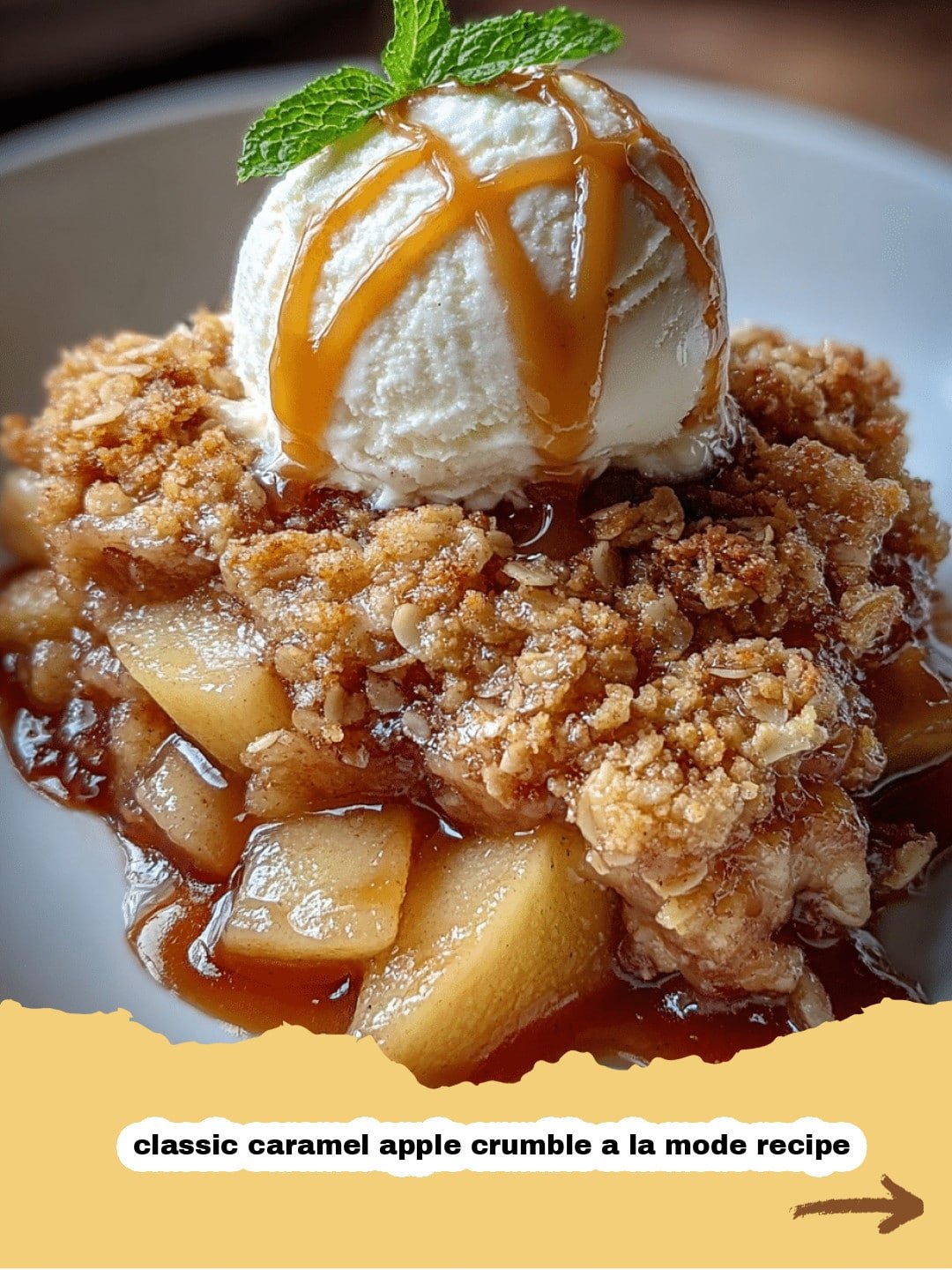 The Ultimate Comfort: Classic Caramel Apple Crumble à la Mode 1 A golden-brown classic caramel apple crumble in a baking dish, with a scoop of melting vanilla ice cream on top, ready to be served.
