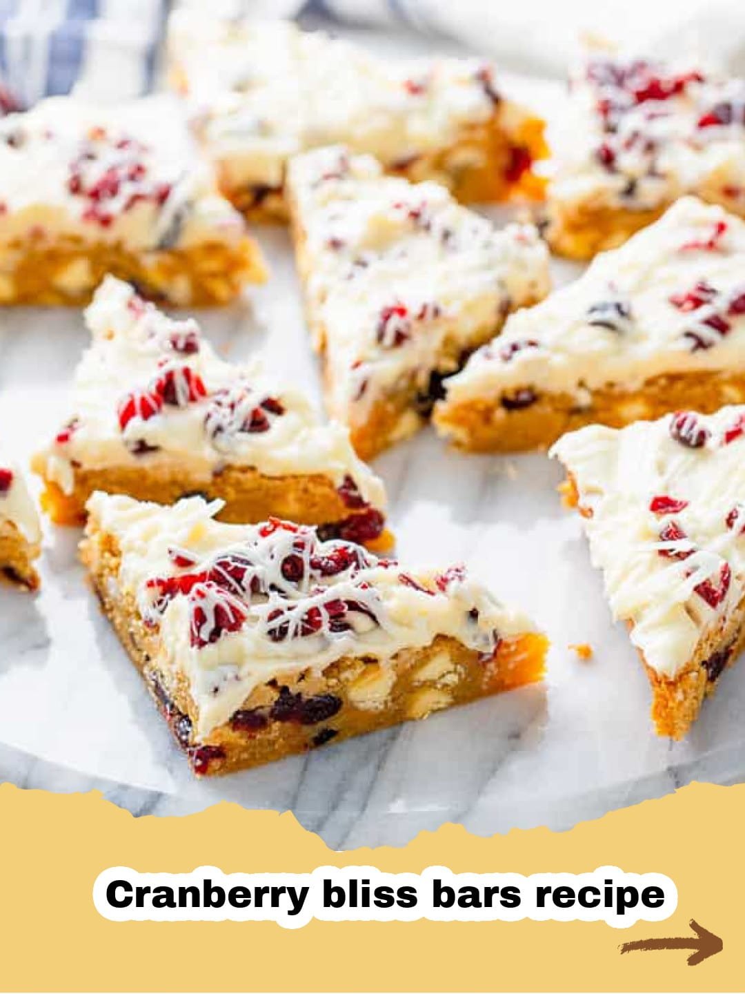 Copycat Cranberry Bliss Bars: Your Holiday Starbucks Favorite at Home! 1 Close-up of Cranberry Bliss Bars {Starbucks Copycat Recipe} on a white platter, showing the frosting, cranberries, and white chocolate drizzle.