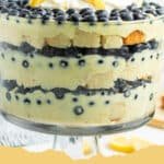 Beautifully layered Lemon Blueberry Trifle in a clear glass bowl, garnished with fresh blueberries and lemon slices, ready to be served.