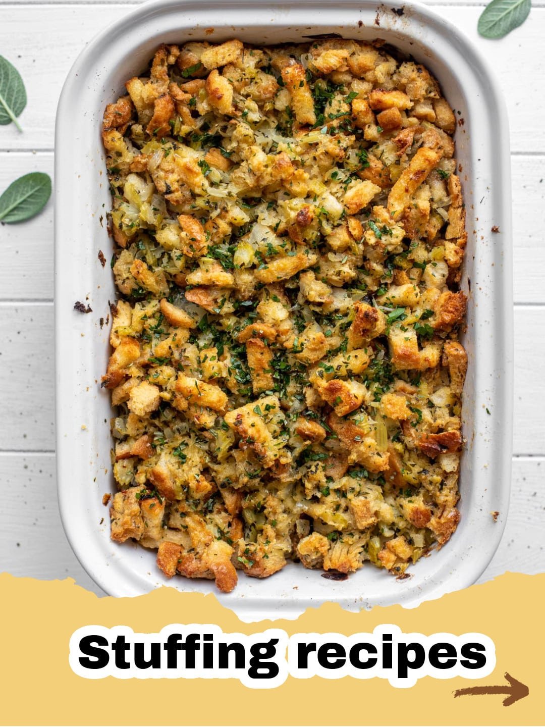 Our Favorite Buttery Herb Stuffing: The Ultimate Holiday Side Dish 1 A baking dish filled with golden-brown Our Favorite Buttery Herb Stuffing, garnished with fresh parsley and sage.