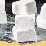 Pile of fluffy, white homemade marshmallows dusted with powdered sugar, ready for hot chocolate or s'mores.