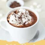 A steaming mug of rich homemade hot chocolate topped with whipped cream and chocolate shavings, placed on a cozy wooden table next to a warm blanket.