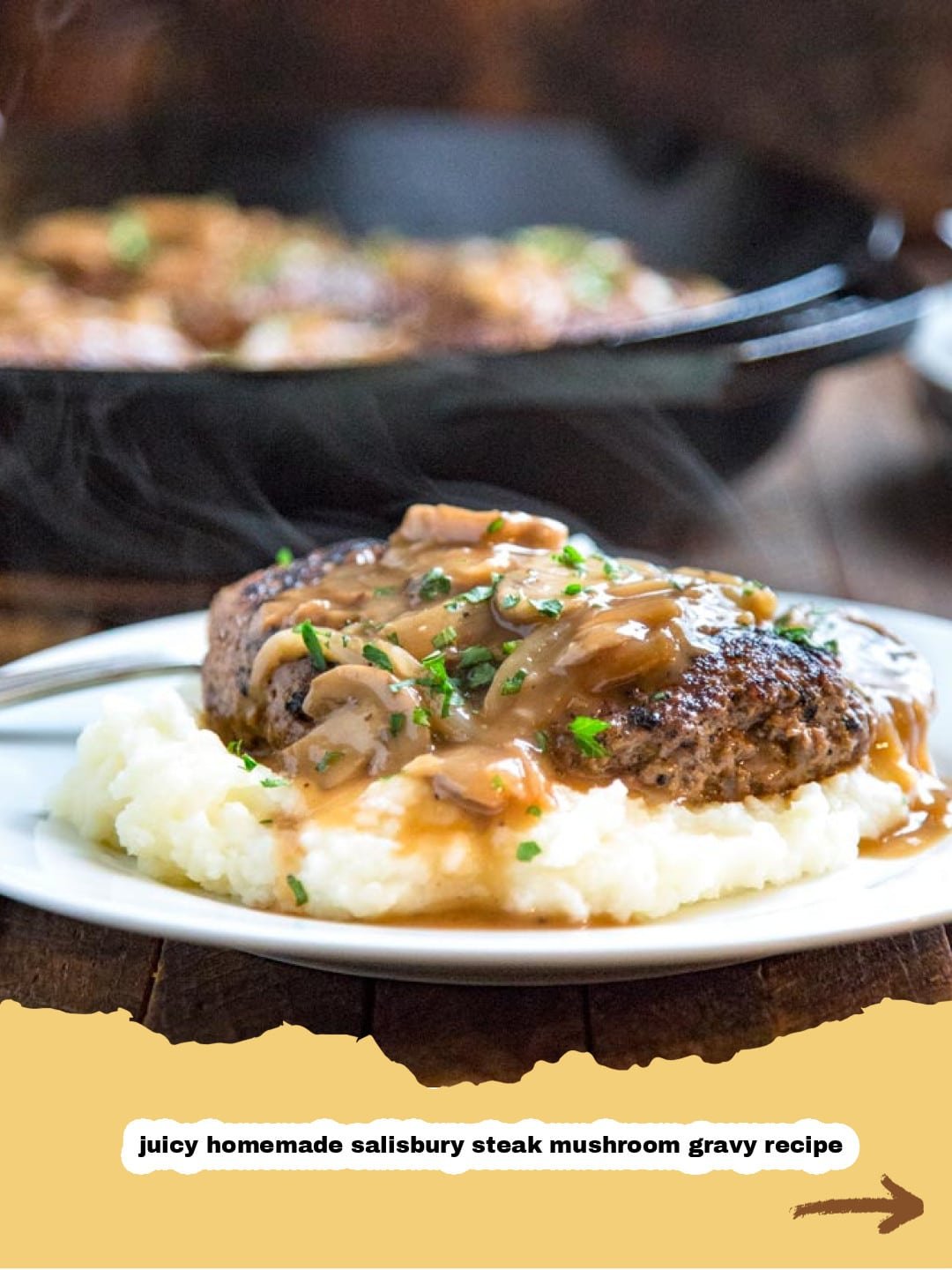 The Ultimate Comfort: Classic Salisbury Steak with Rich Mushroom Gravy 1 Platter of classic Salisbury steak patties generously covered in mushroom gravy, served with mashed potatoes.