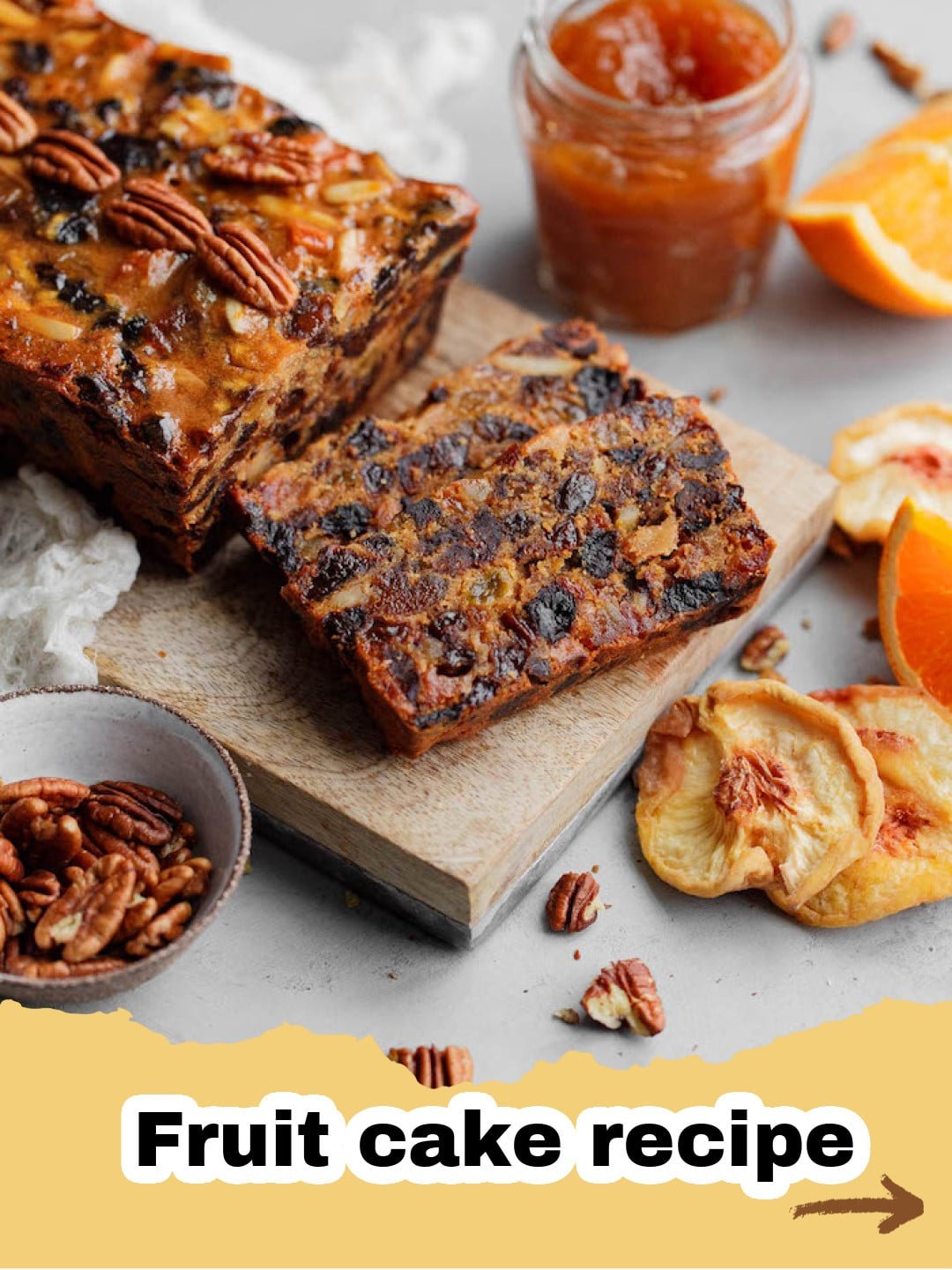 The World's Best Fruit Cake: A Holiday Tradition Reimagined 1 Slice of rich, moist fruit cake with candied fruit and nuts, dusted with powdered sugar