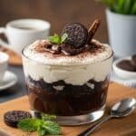 Close-up of a perfectly layered Chocolate Oreo Tiramisu topped with cocoa powder and crushed Oreos