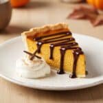 Slice of Pumpkin Pie with rich chocolate ganache topping and a flaky crust on a white plate