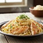 Creamy garlic parmesan chicken pasta dish in a skillet, garnished with fresh parsley and extra cheese, ready to be served.