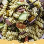 A colorful bowl of Easy Pasta Salad with rotini and fresh vegetables