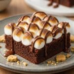 Closeup of gooey Fudgy S'mores Brownies with toasted marshmallows, melted chocolate, and a graham cracker crust, ready to serve.
