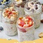 A jar of Easy Overnight Oats topped with fresh strawberries and almonds
