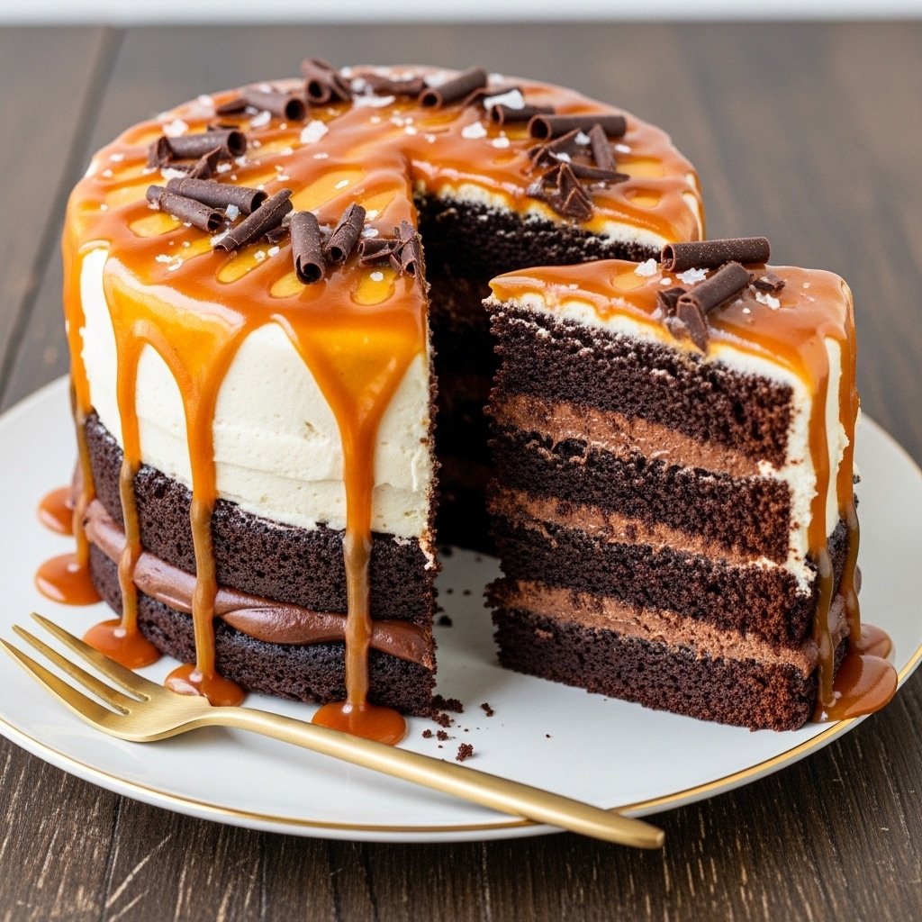 The Ultimate Decadent Chocolate Fudge Layer Cake with Caramel Drizzle