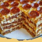 A stunning, tall Pepperoni Pizza Layer Cake sliced into wedges, revealing layers of dough, sauce, cheese, and pepperoni.