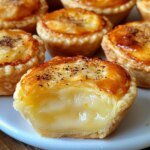 A close up shot of several baby lemon impossible pies on a white platter garnished with lemon zest.