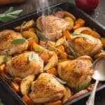 A colorful chicken apple and sweet potato sheet pan dinner featuring roasted sausages, apples, and potatoes on a baking sheet.