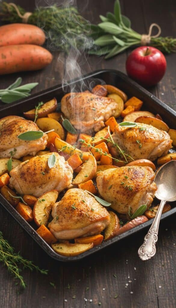 A colorful chicken apple and sweet potato sheet pan dinner featuring roasted sausages, apples, and potatoes on a baking sheet.