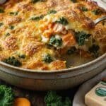A bubbling, golden-brown sweet potato and kale gratin in a white baking dish.
