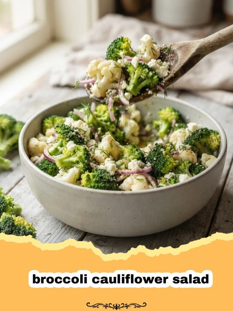 A vibrant bowl of creamy broccoli cauliflower salad with bacon bits and red onion.