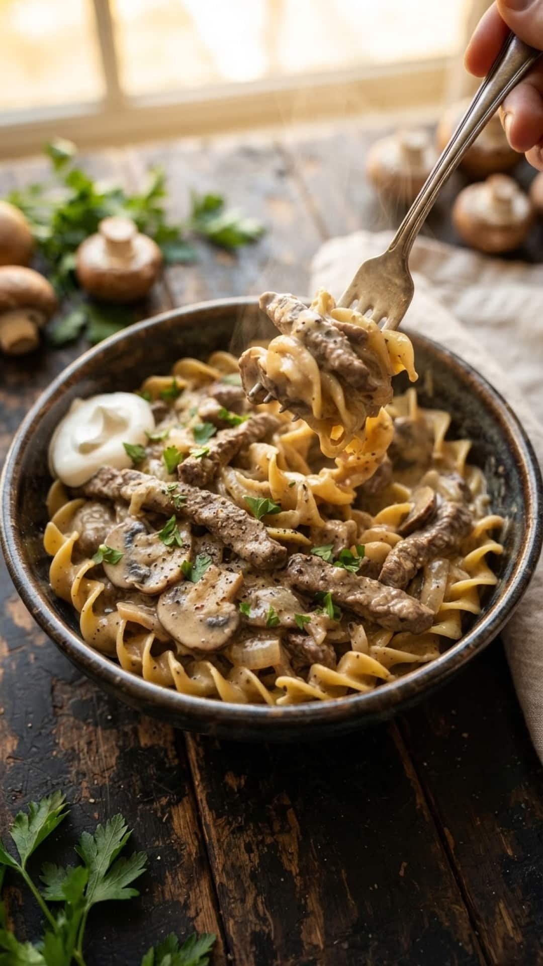 Crockpot Beef Stroganoff with Creamy Mushrooms Preparation