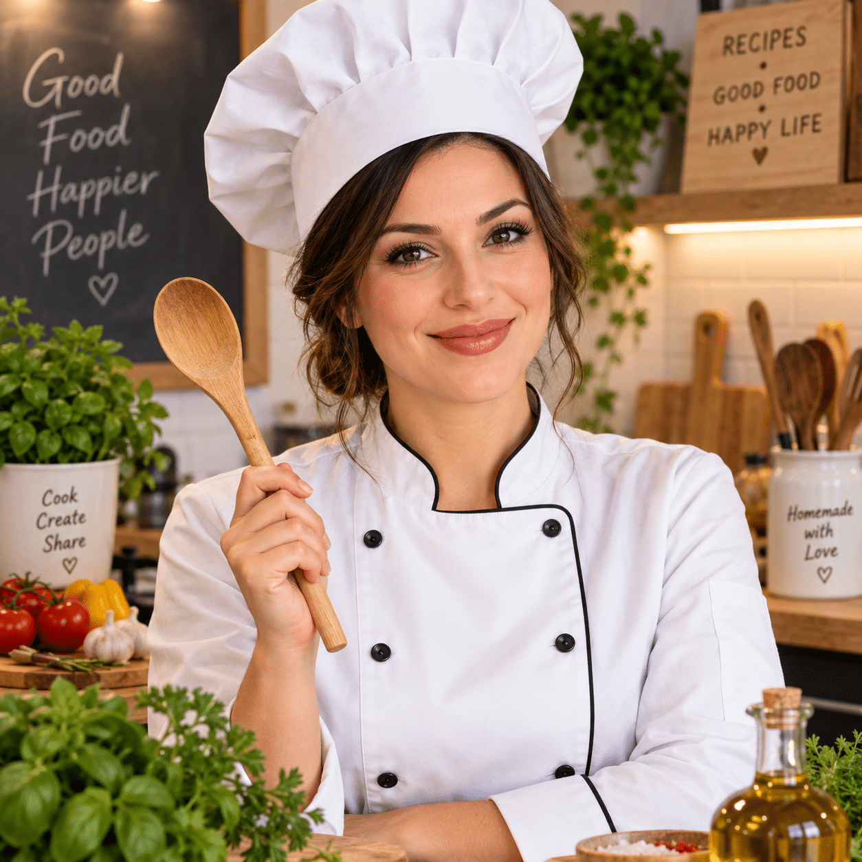 Delia Reyes, the cook behind De Recipes, wearing a white chef's hat and jacket and holding a wooden spoon in a kitchen